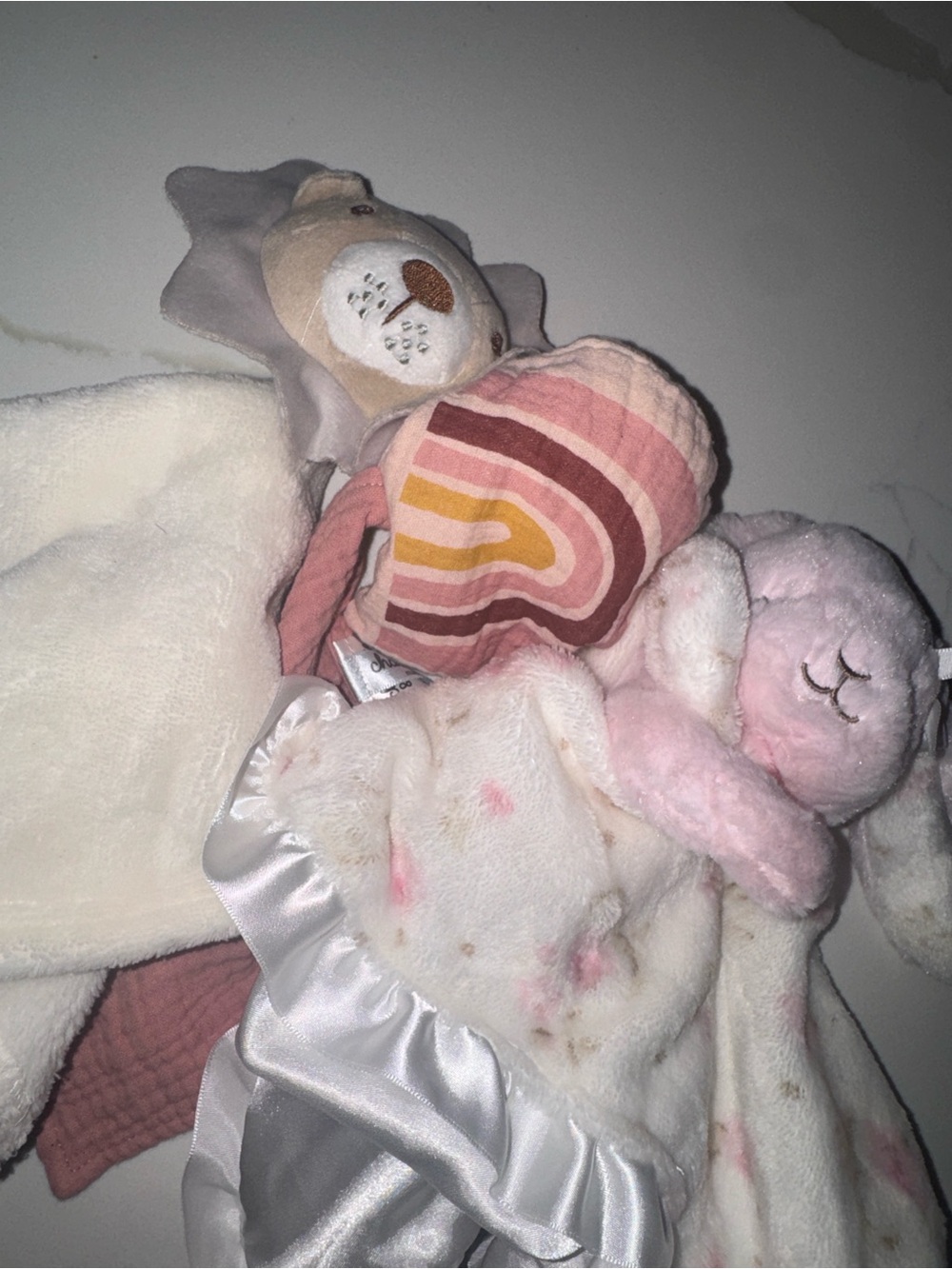 Pink Bunny and Lion Lovey Blanket with Rainbow Patch